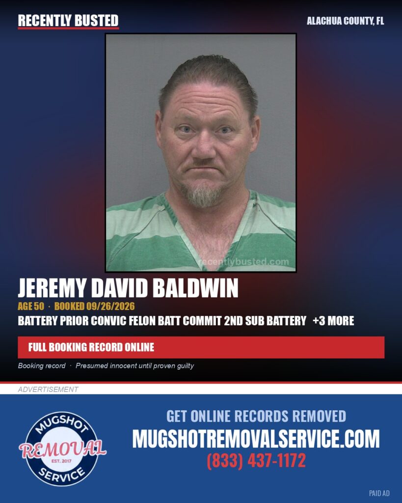 Jeremy David Baldwin — arrest record card, Alachua County, Florida