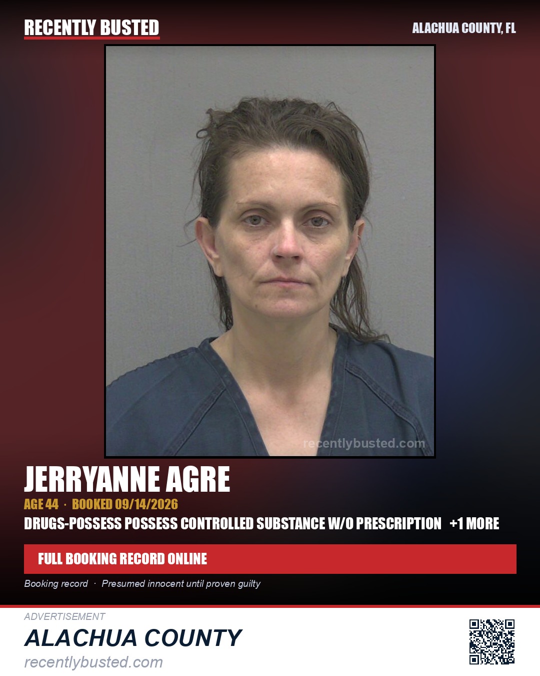 Jerryanne Agre — arrest record card, Alachua County, Florida