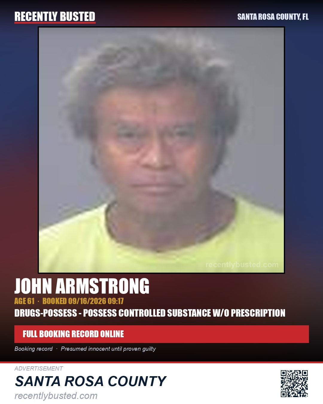 John Armstrong — arrest record card, Santa Rosa County, Florida