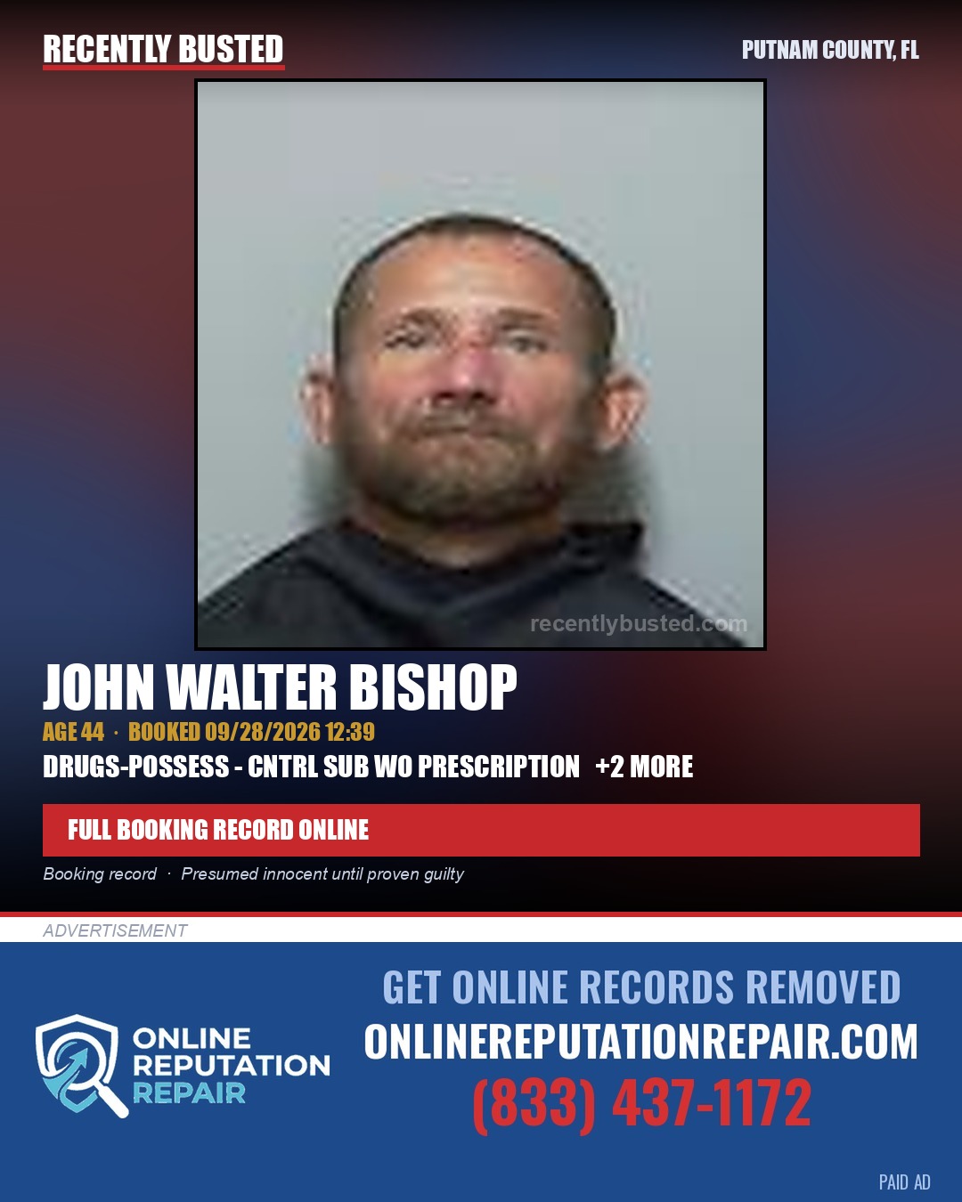 John Walter Bishop — arrest record card, Putnam County, Florida