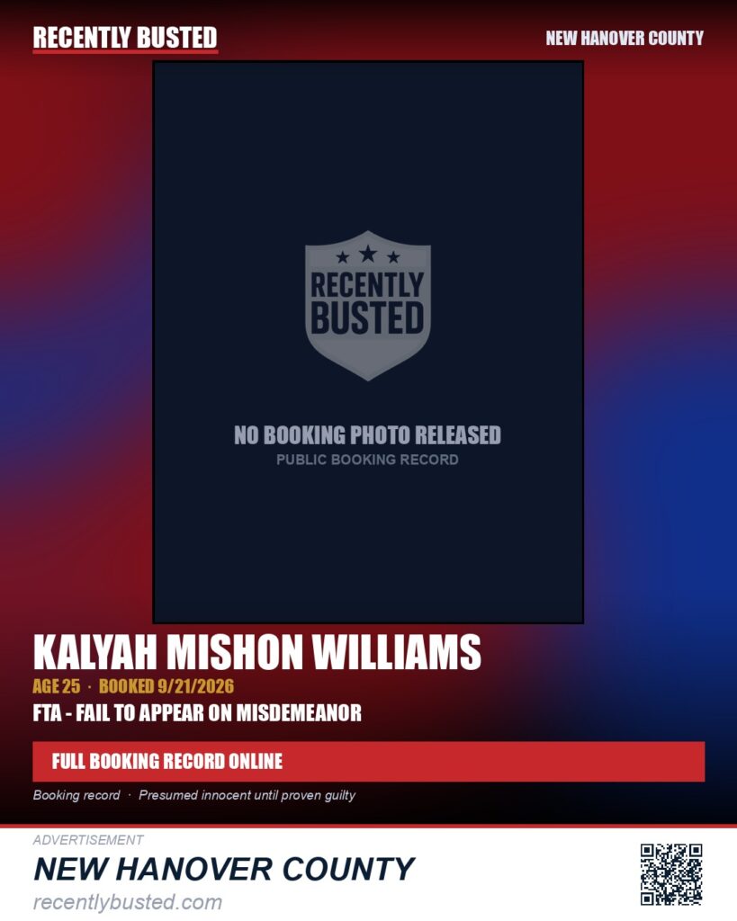 KALYAH MISHON WILLIAMS — arrest record card, New Hanover County