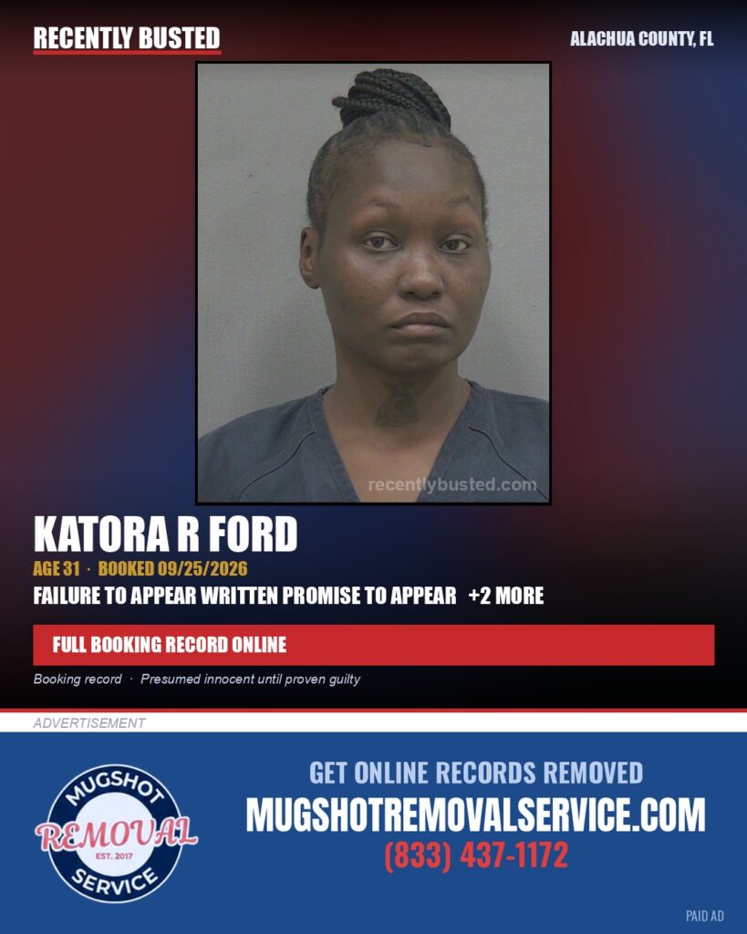 Katora R Ford — arrest record card, Alachua County, Florida