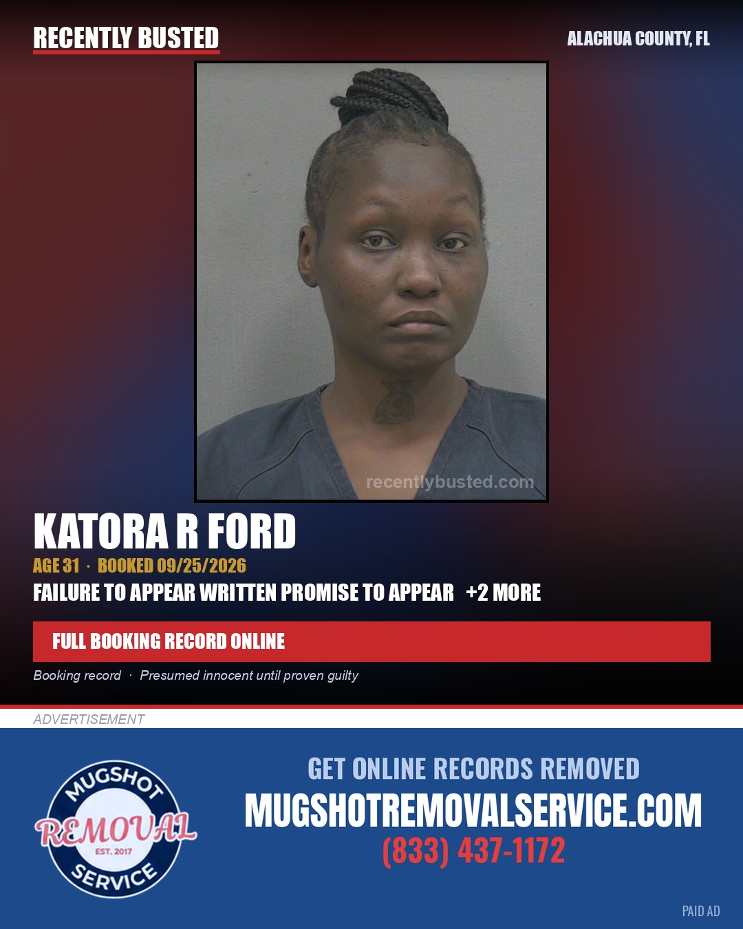 Katora R Ford — arrest record card, Alachua County, Florida