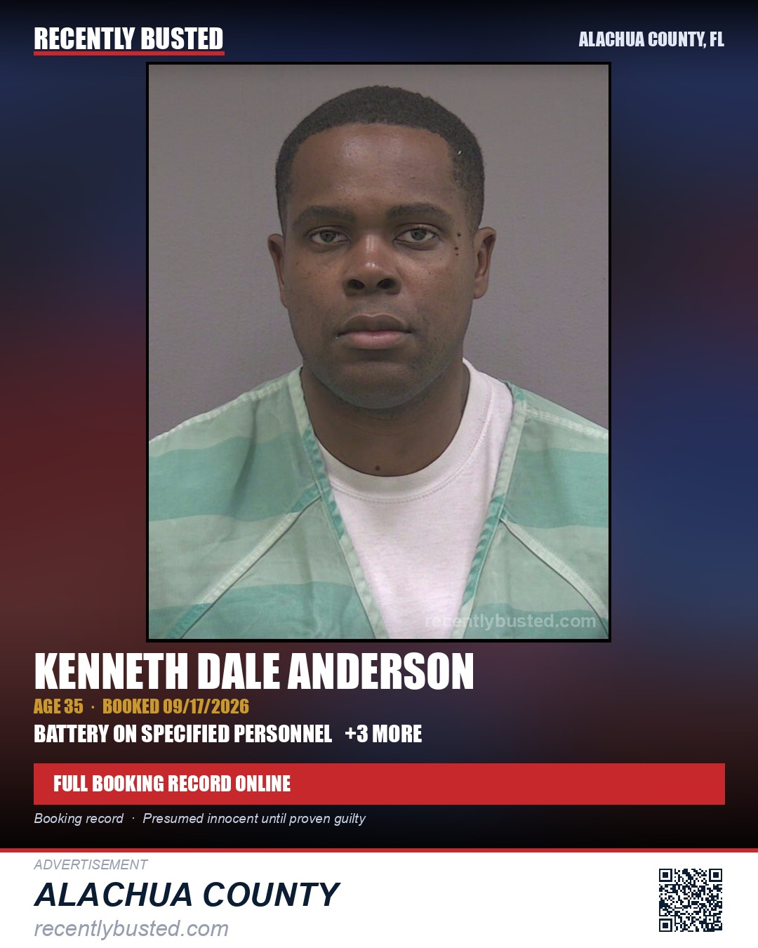 Kenneth Dale Anderson — arrest record card, Alachua County, Florida