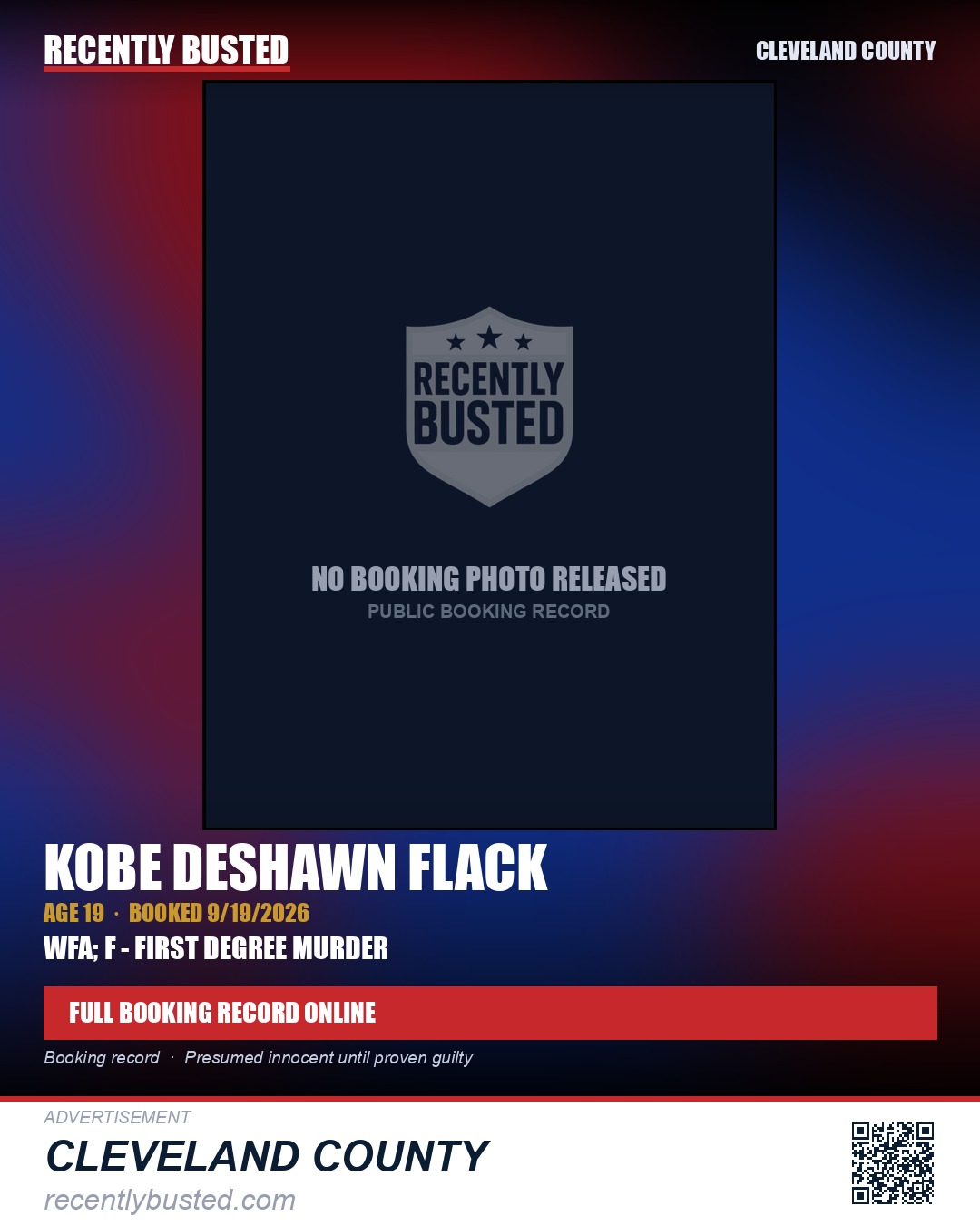 KOBE DESHAWN FLACK — arrest record card, Cleveland County