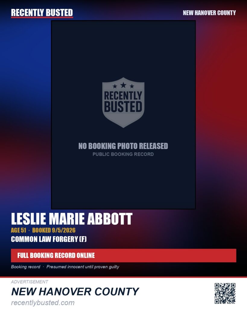 LESLIE MARIE ABBOTT — arrest record card, New Hanover