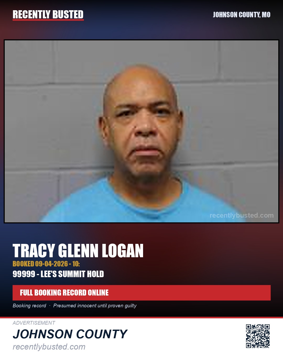 LOGAN, TRACY GLENN — arrest record card, Johnson County, Missouri