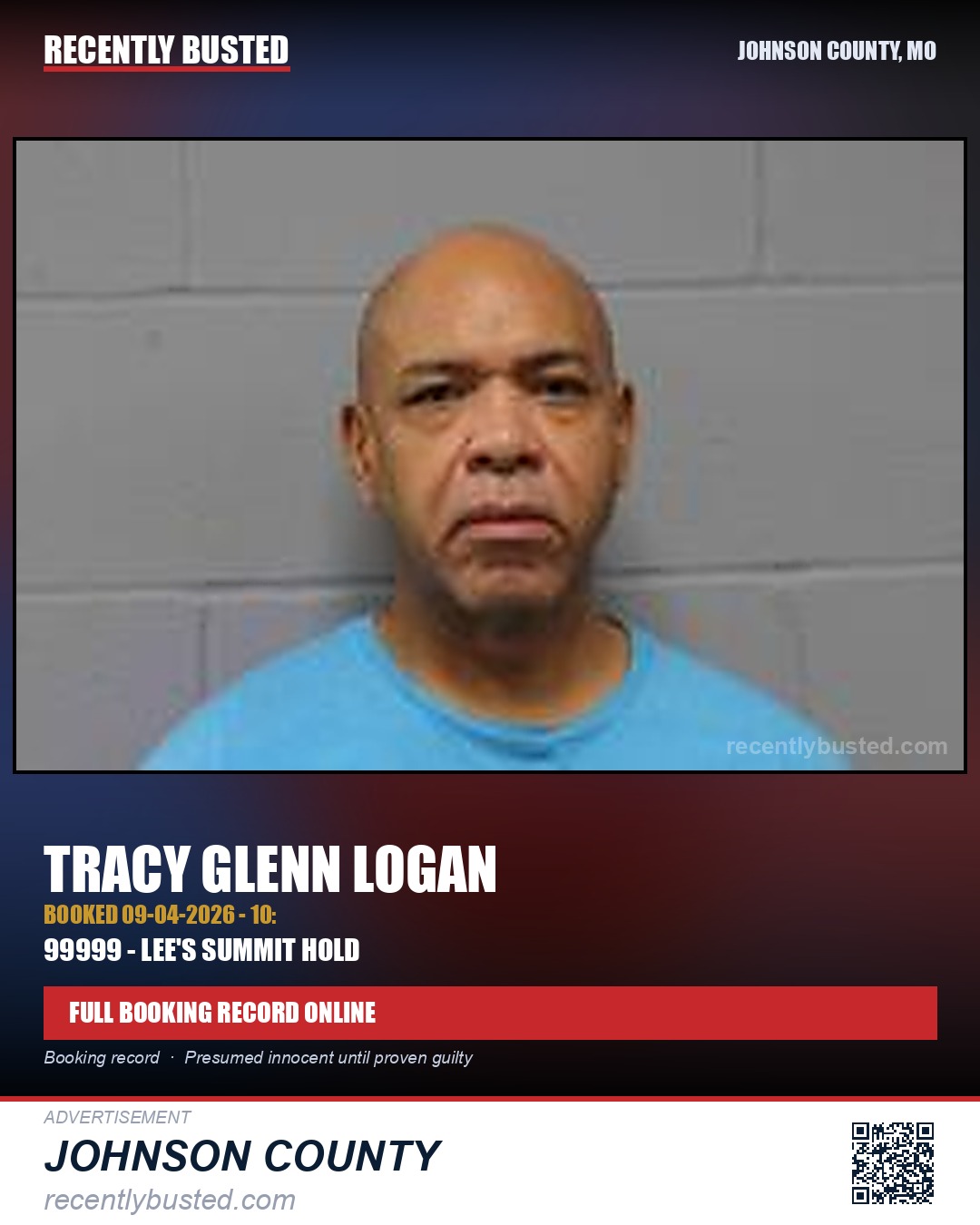 LOGAN, TRACY GLENN — arrest record card, Johnson County, Missouri