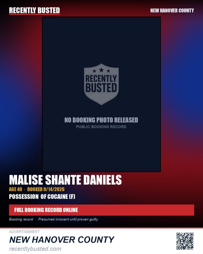 MALISE SHANTE DANIELS — arrest record card, New Hanover