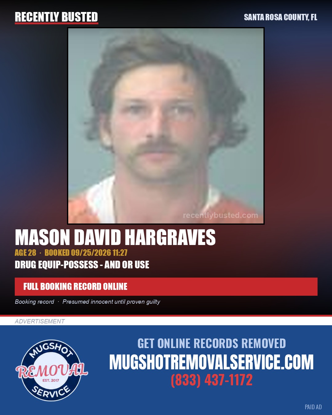 Mason David Hargraves — arrest record card, Santa Rosa County, Florida