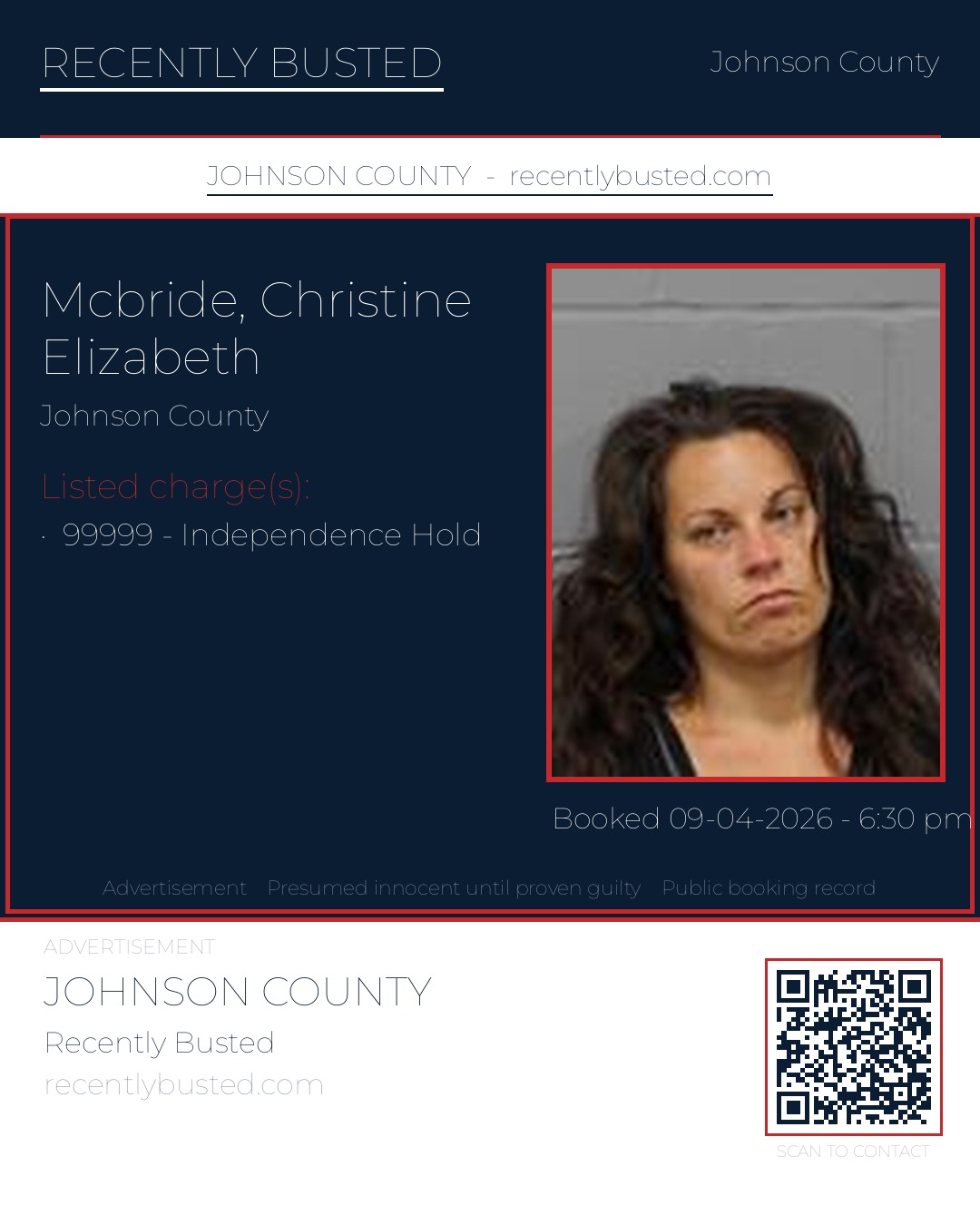 MCBRIDE, CHRISTINE ELIZABETH — arrest record card, Johnson County, Missouri