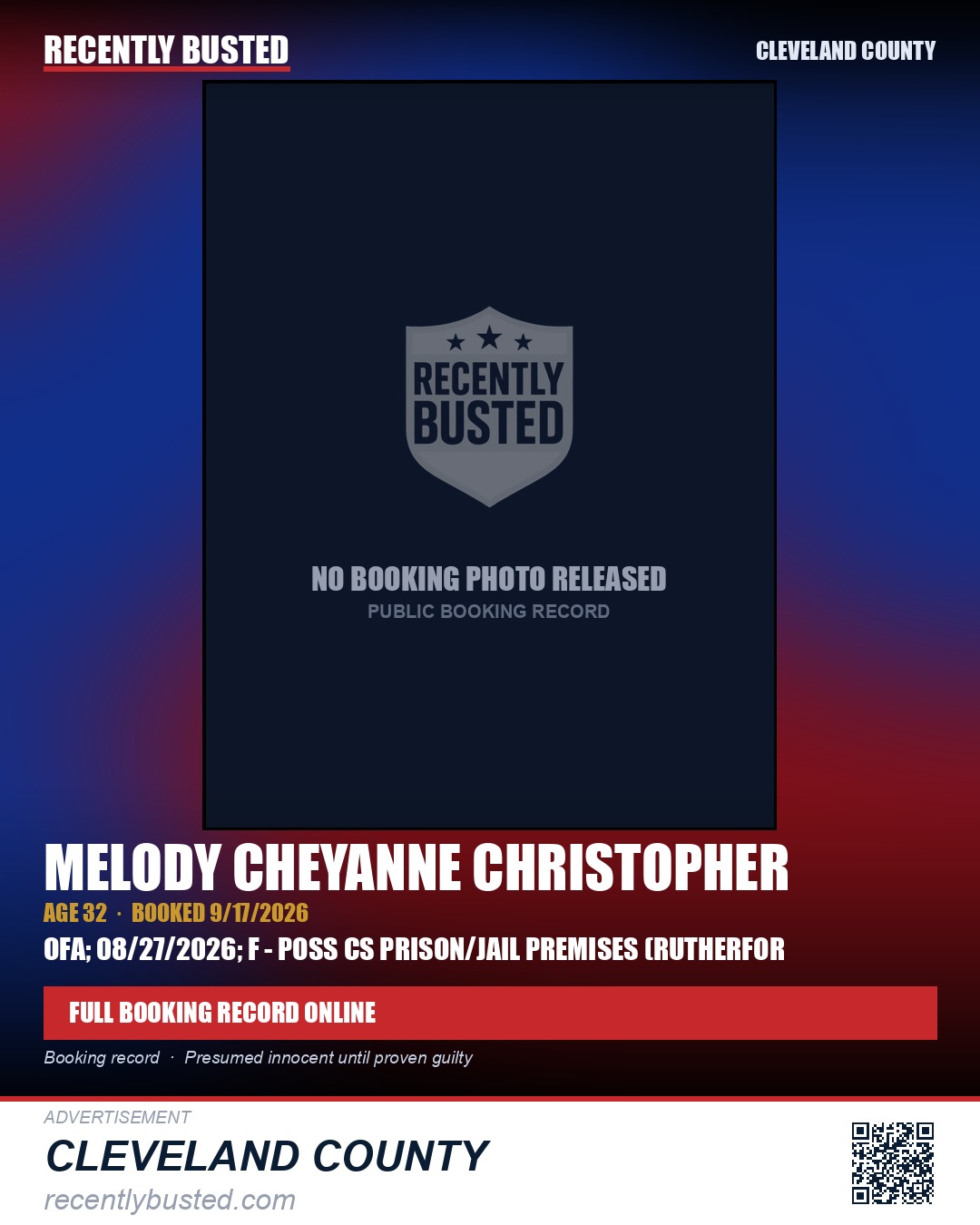 MELODY CHEYANNE CHRISTOPHER — arrest record card, Cleveland County