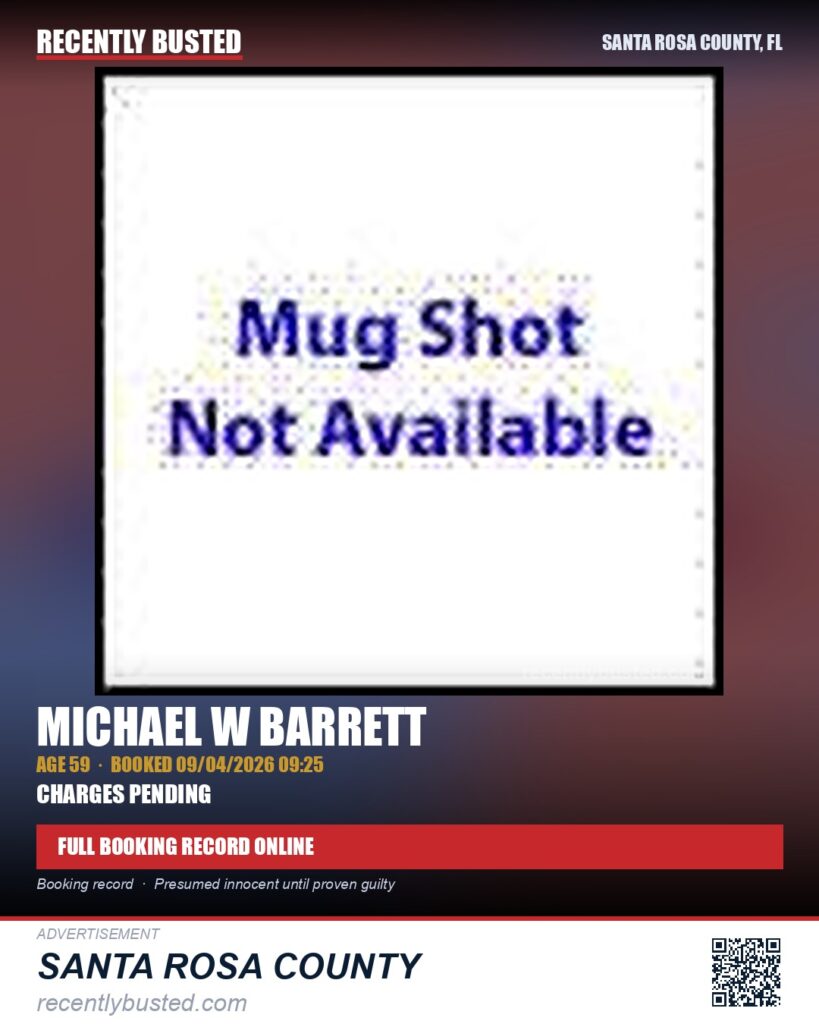 Michael W Barrett — arrest record card, Santa Rosa County, Florida