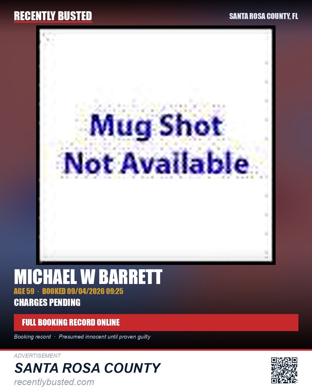 Michael W Barrett — arrest record card, Santa Rosa County, Florida