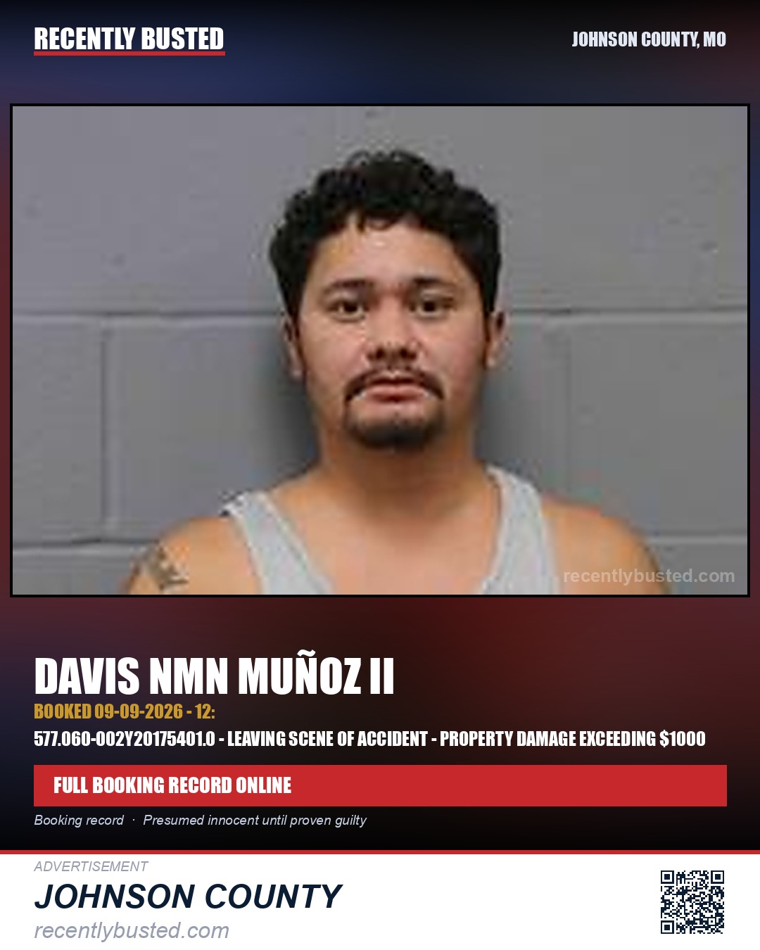 MUÑOZ II, DAVIS NMN — arrest record card, Johnson County, Missouri