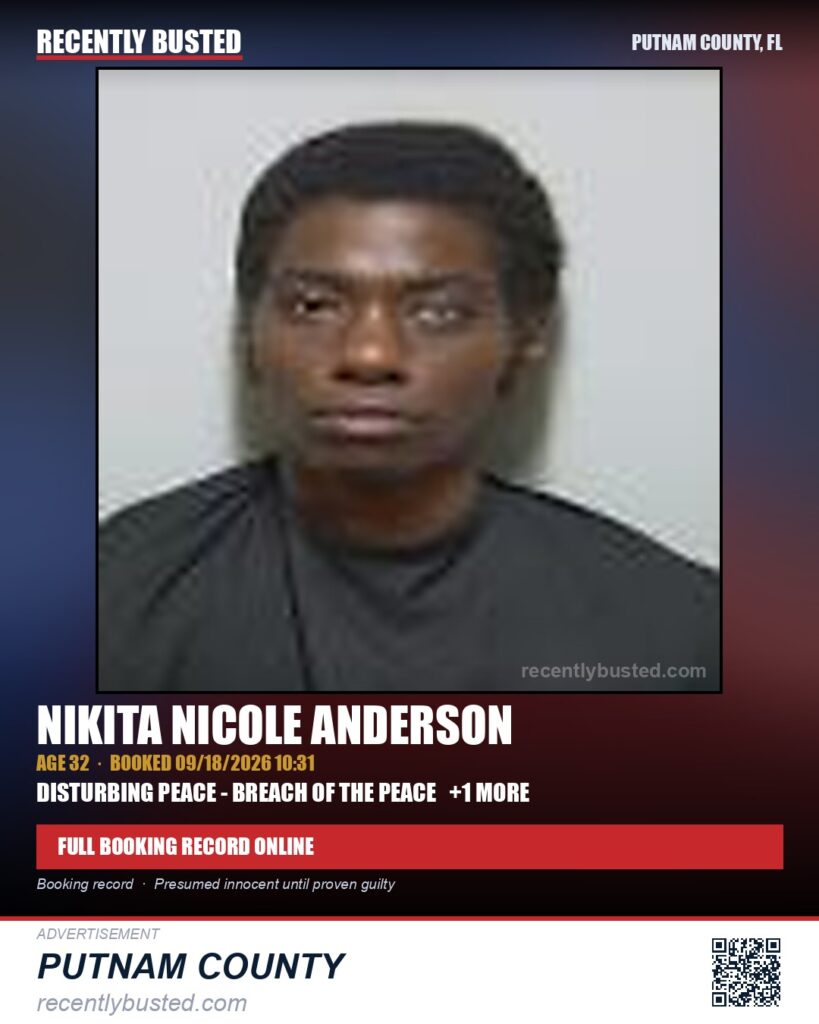 Nikita Nicole Anderson — arrest record card, Putnam County, Florida