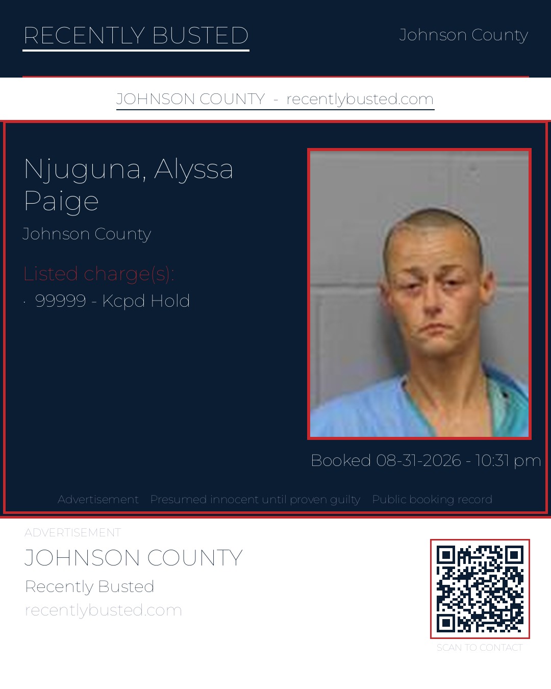 NJUGUNA, ALYSSA PAIGE — arrest record card, Johnson County, Missouri