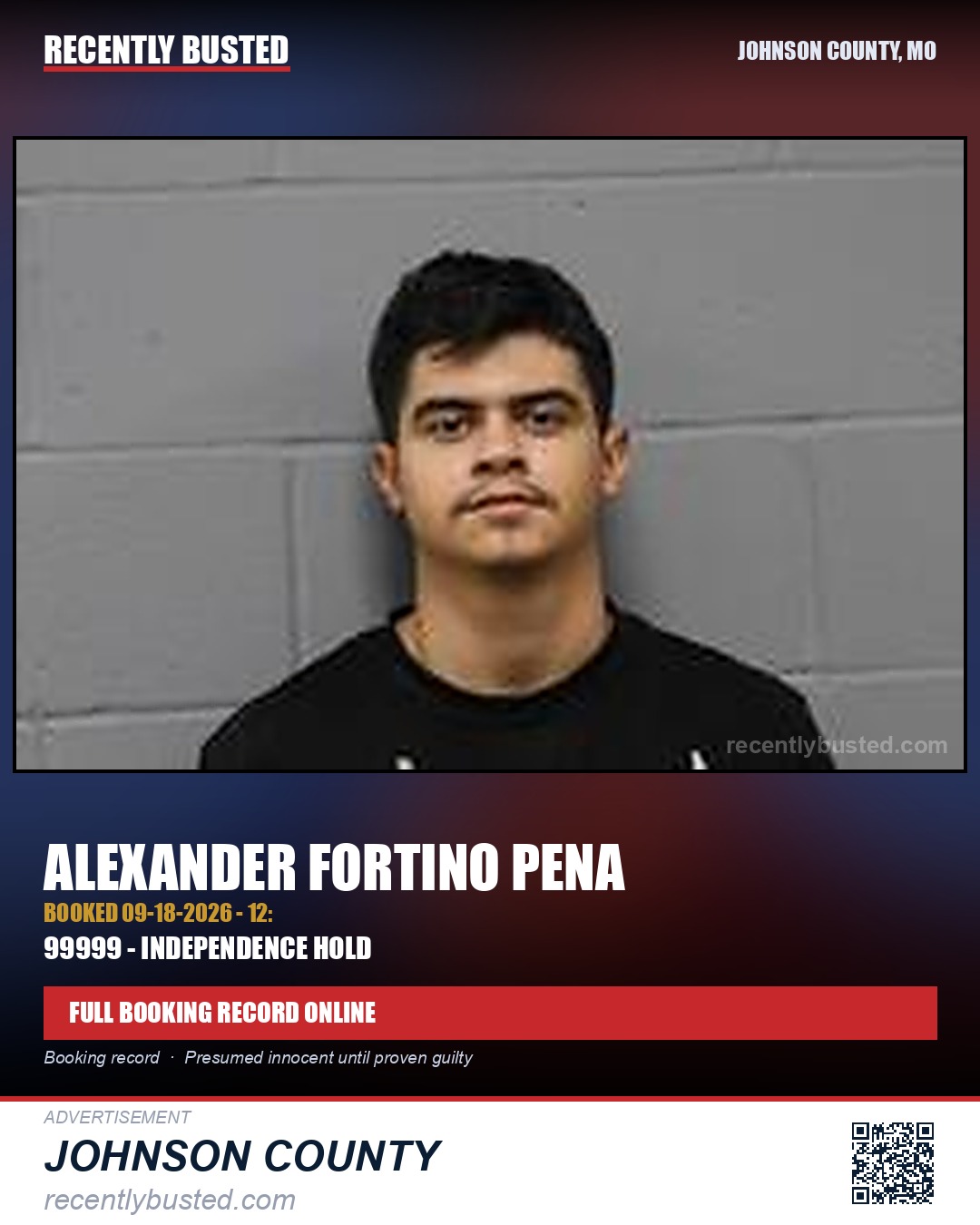 PENA, ALEXANDER FORTINO — arrest record card, Johnson County, Missouri