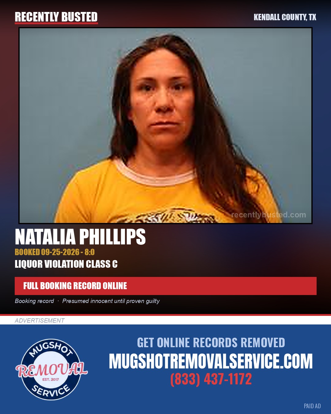 Phillips, Natalia — arrest record card, Kendall County, Texas