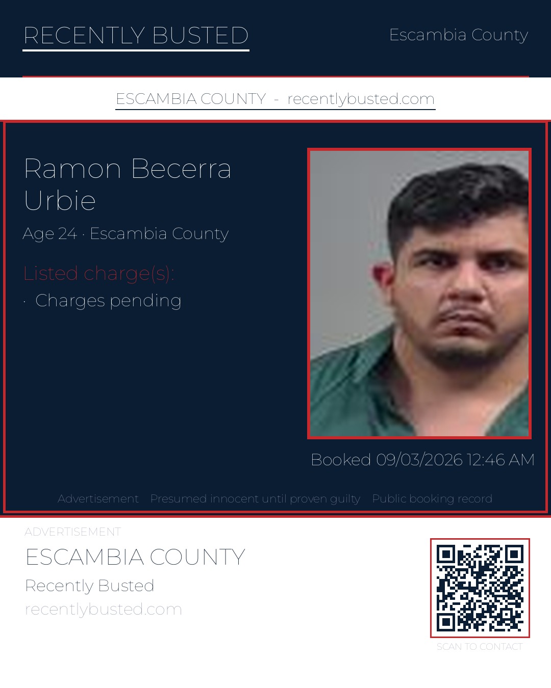 Ramon Becerra Urbie — arrest record card, Escambia County, Florida