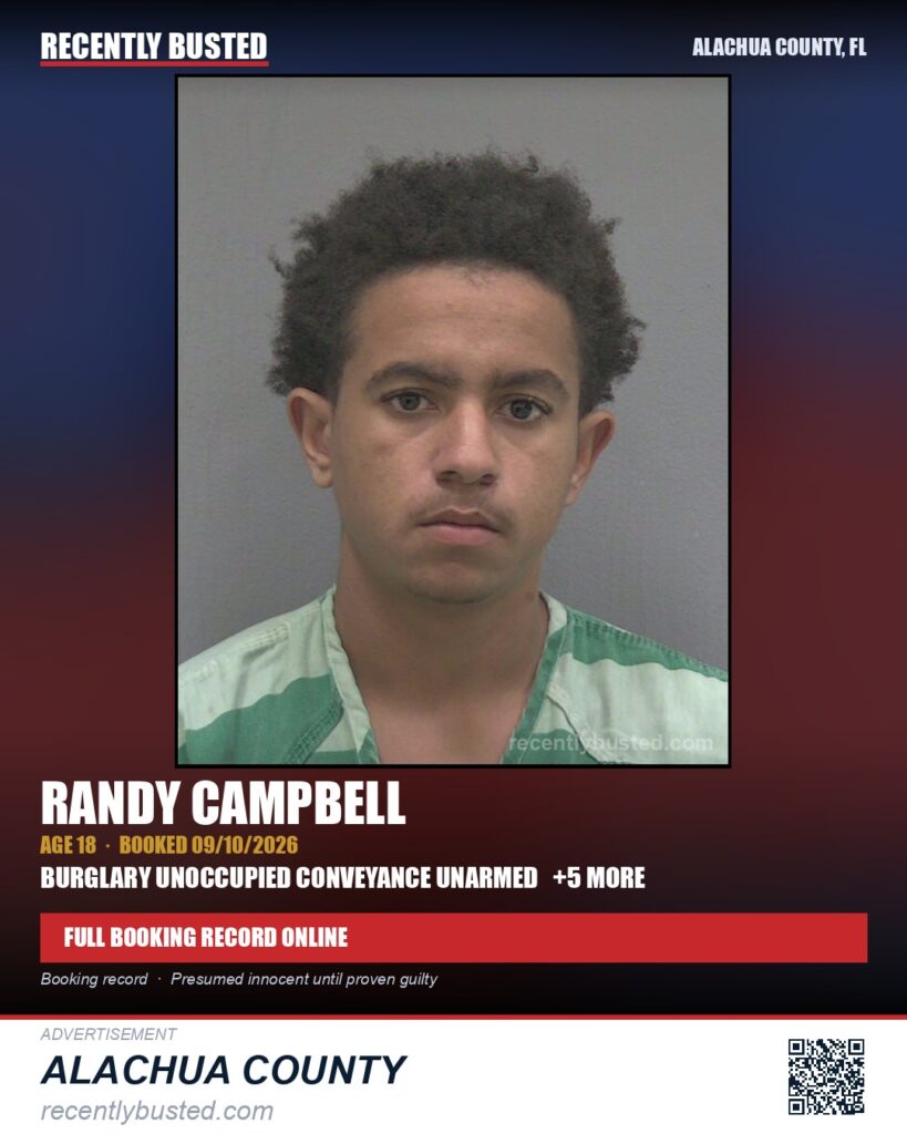 Randy Campbell — arrest record card, Alachua County, Florida