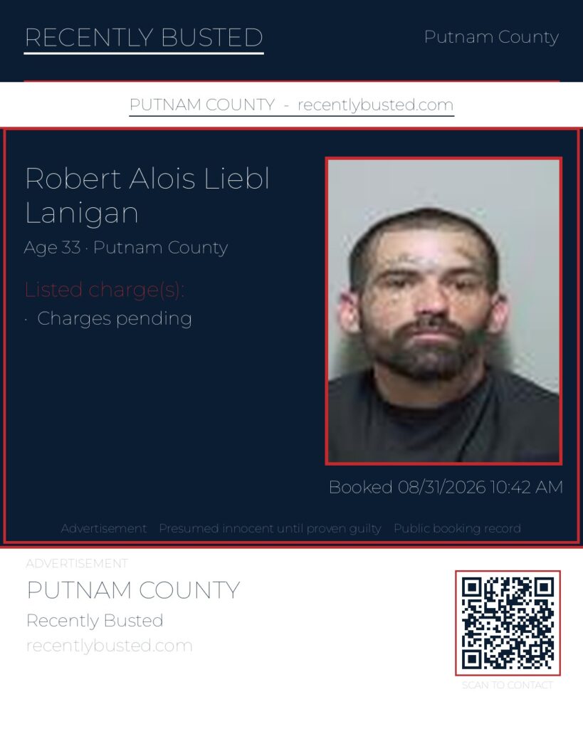 Robert Alois Liebl Lanigan — arrest record card, Putnam County, Florida