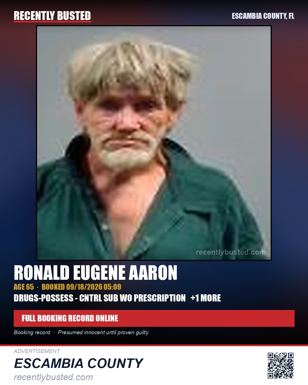 Ronald Eugene Aaron — arrest record card, Escambia County, Florida