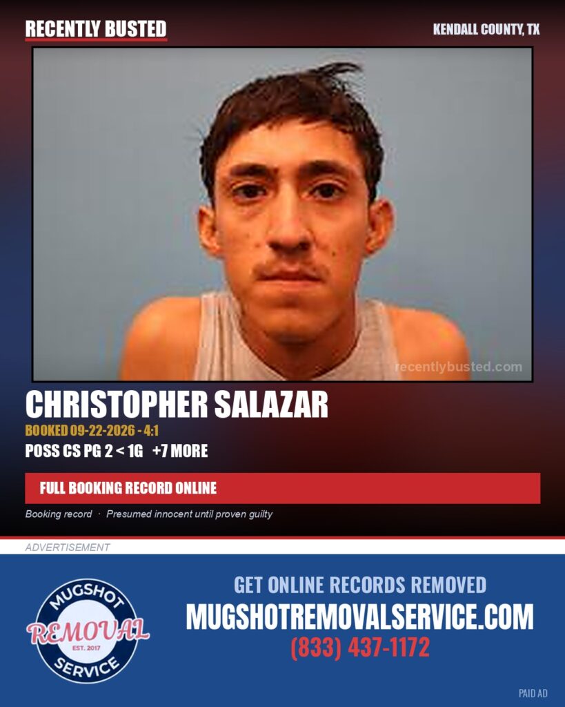 Salazar, Christopher — arrest record card, Kendall County, Texas