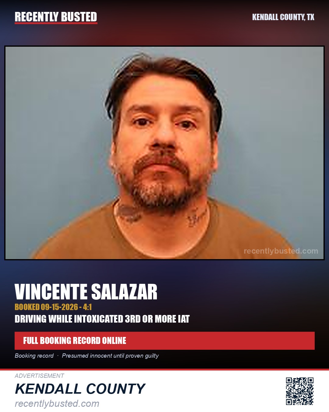 Salazar, Vincente — arrest record card, Kendall County, Texas