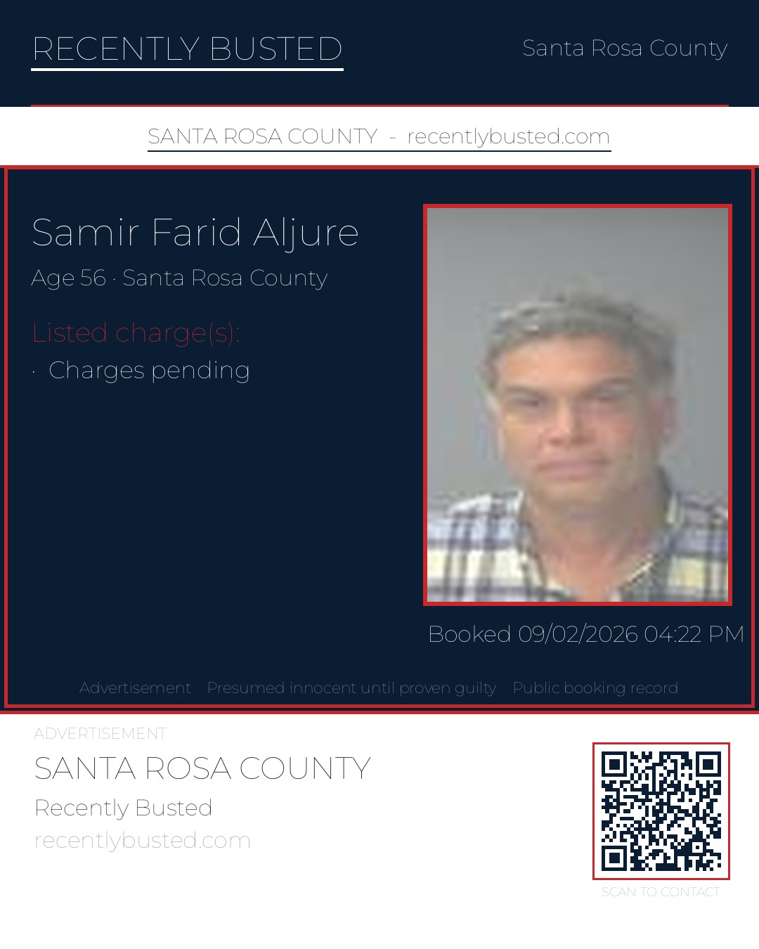 Samir Farid Aljure — arrest record card, Santa Rosa County, Florida