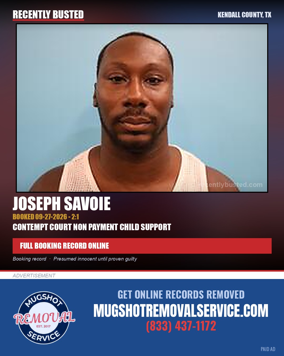 Savoie, Joseph — arrest record card, Kendall County, Texas