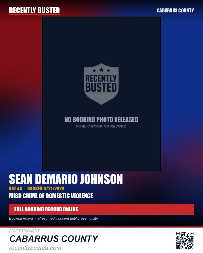 SEAN DEMARIO JOHNSON — arrest record card, Cabarrus County