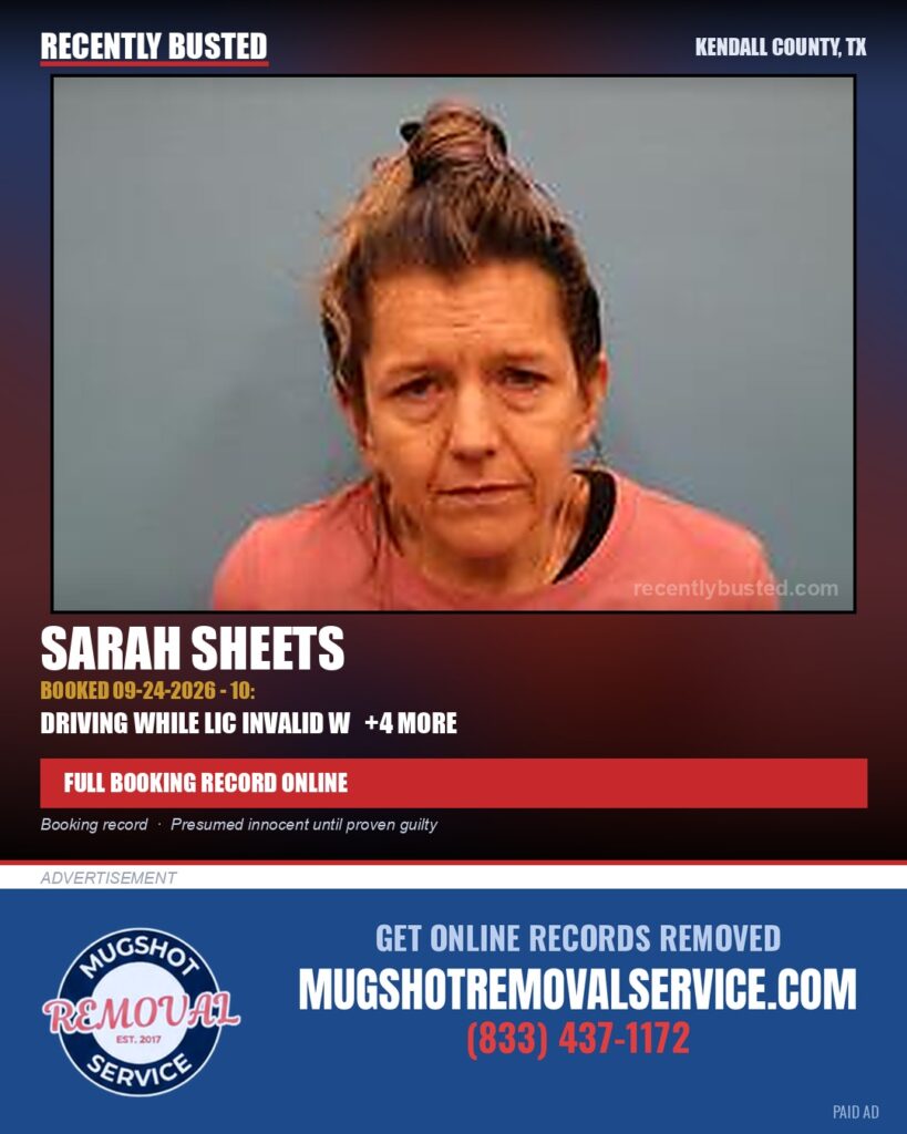 Sheets, Sarah — arrest record card, Kendall County, Texas