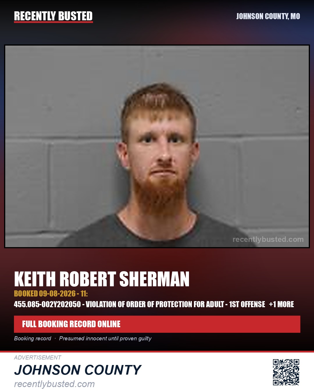SHERMAN, KEITH ROBERT — arrest record card, Johnson County, Missouri
