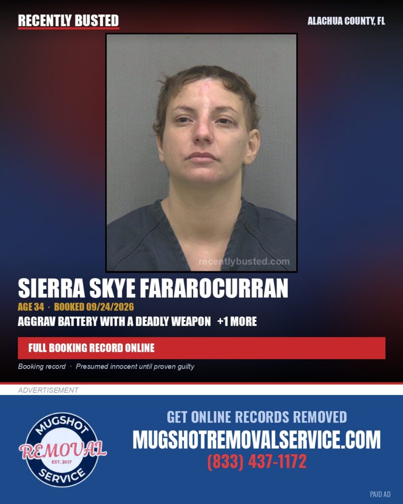 Sierra Skye Fararocurran — arrest record card, Alachua County, Florida