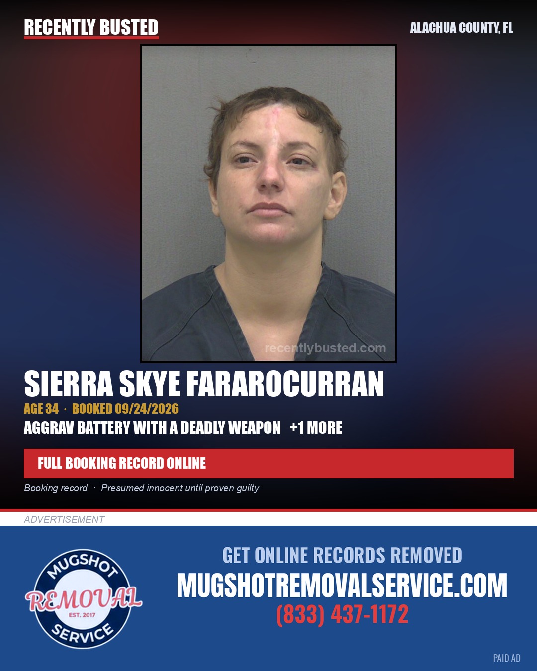 Sierra Skye Fararocurran — arrest record card, Alachua County, Florida