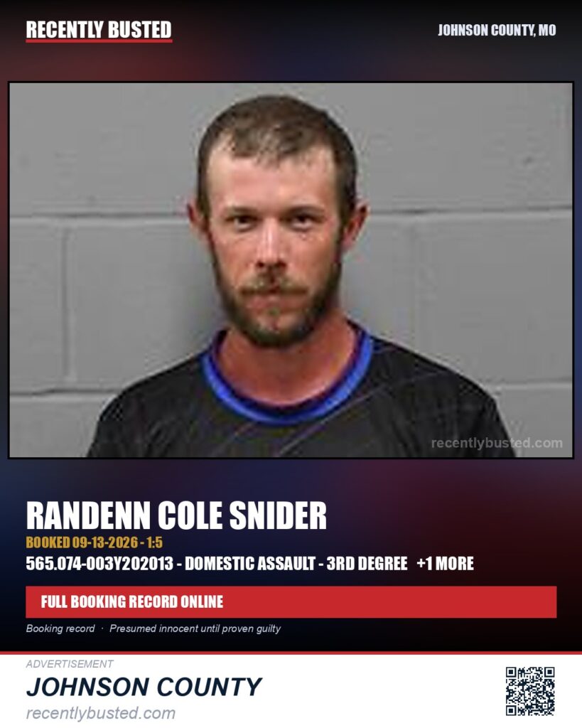 SNIDER, RANDENN COLE — arrest record card, Johnson County, Missouri