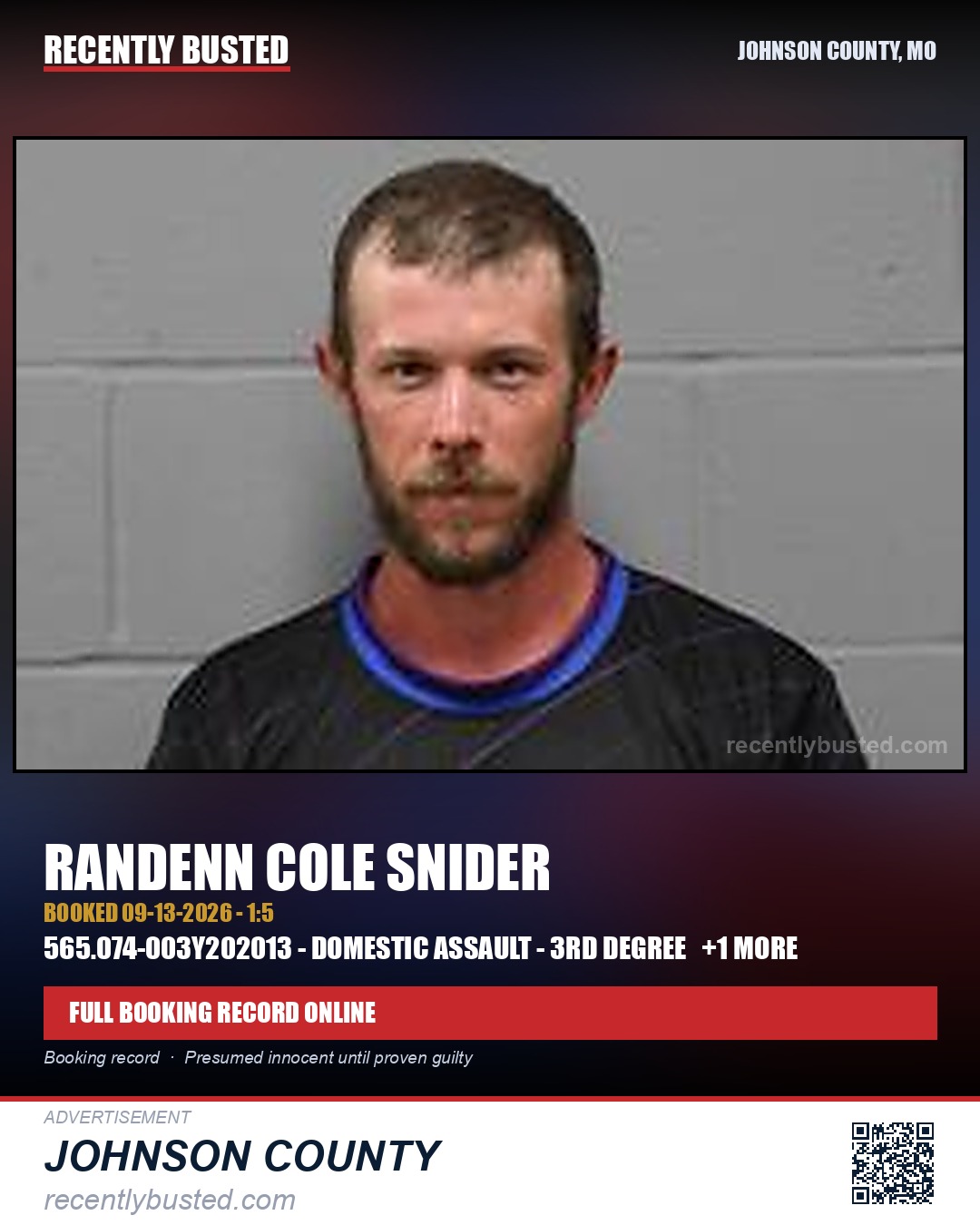 SNIDER, RANDENN COLE — arrest record card, Johnson County, Missouri