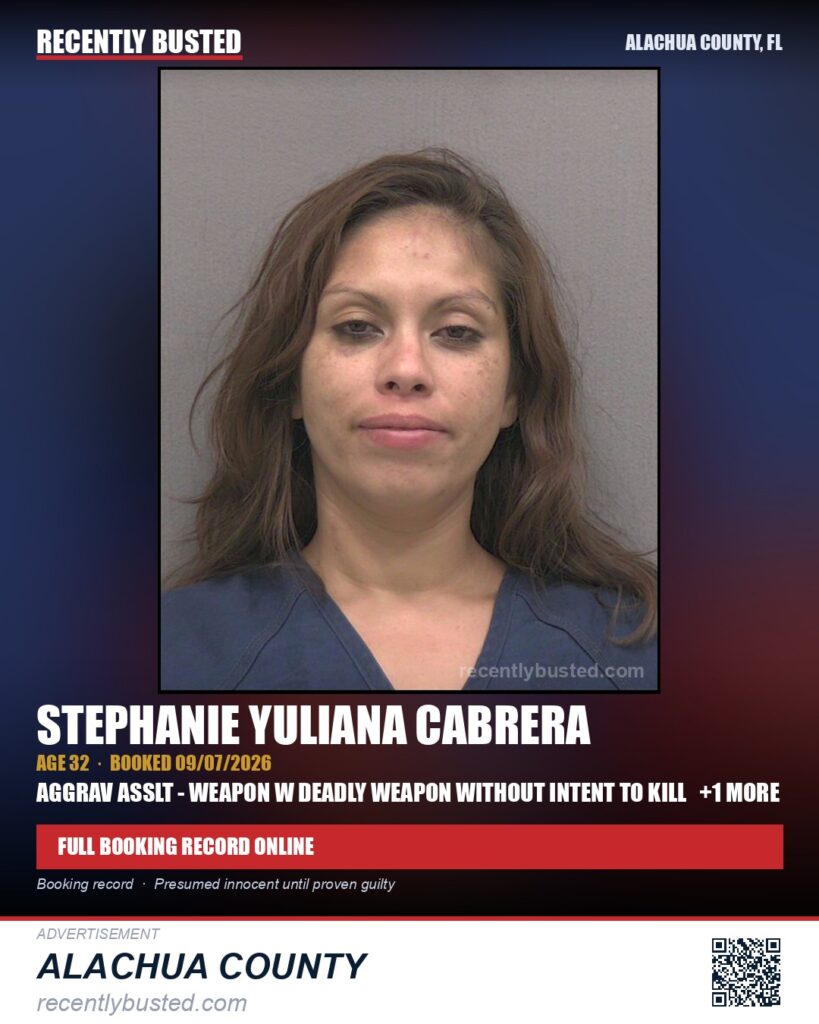 Stephanie Yuliana Cabrera — arrest record card, Alachua County, Florida