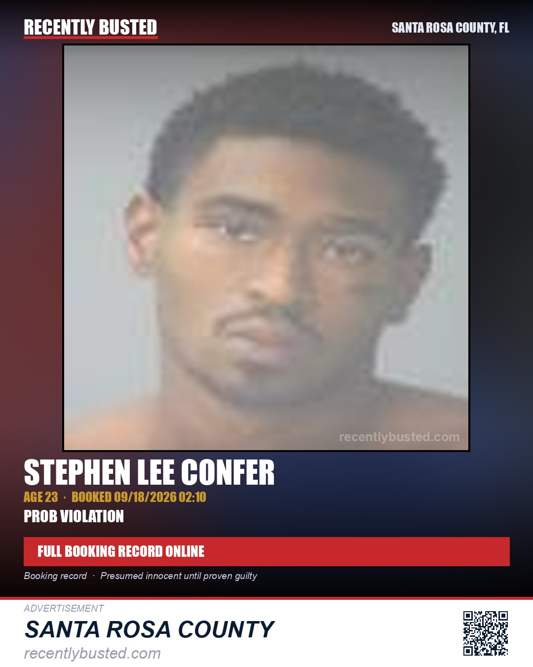 Stephen Lee Confer — arrest record card, Santa Rosa County, Florida