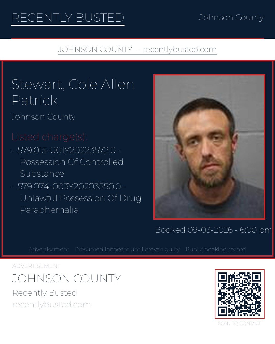 STEWART, COLE ALLEN PATRICK — arrest record card, Johnson County, Missouri