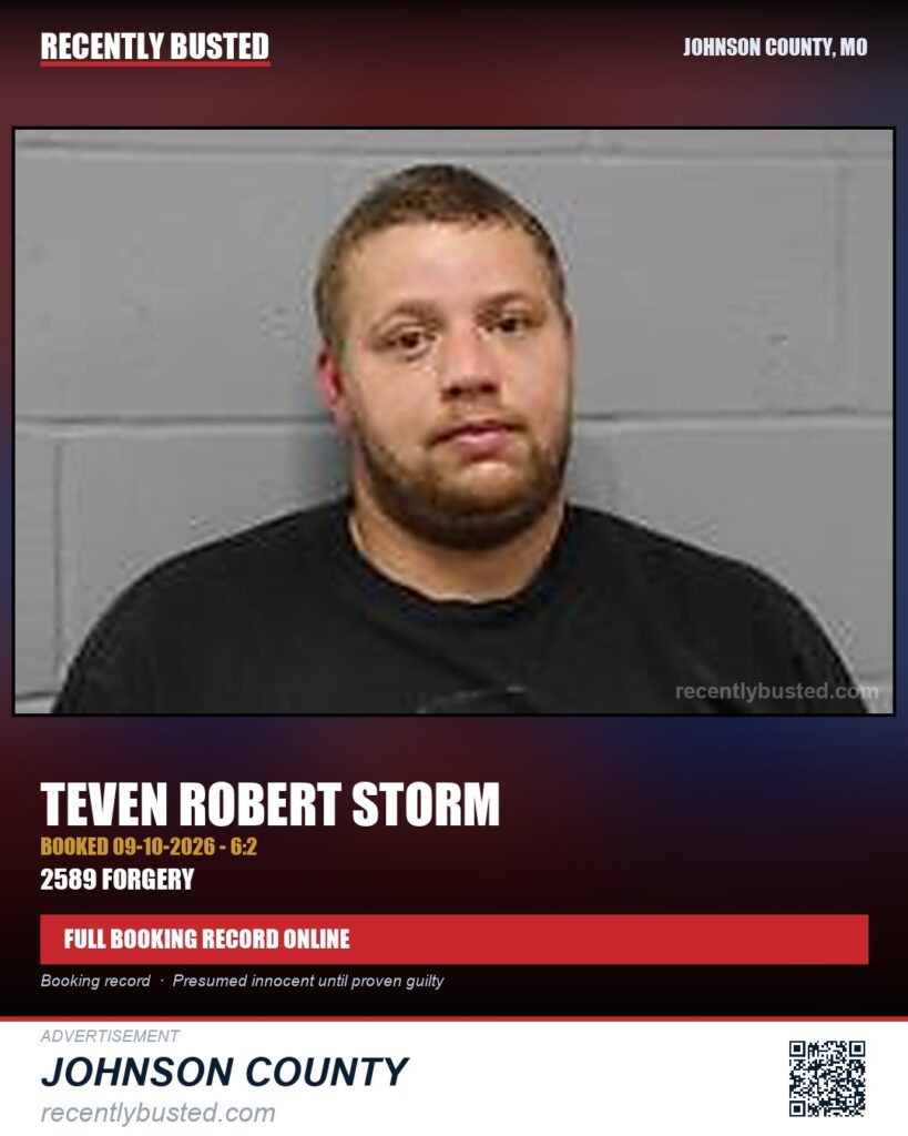 STORM, TEVEN ROBERT — arrest record card, Johnson County, Missouri