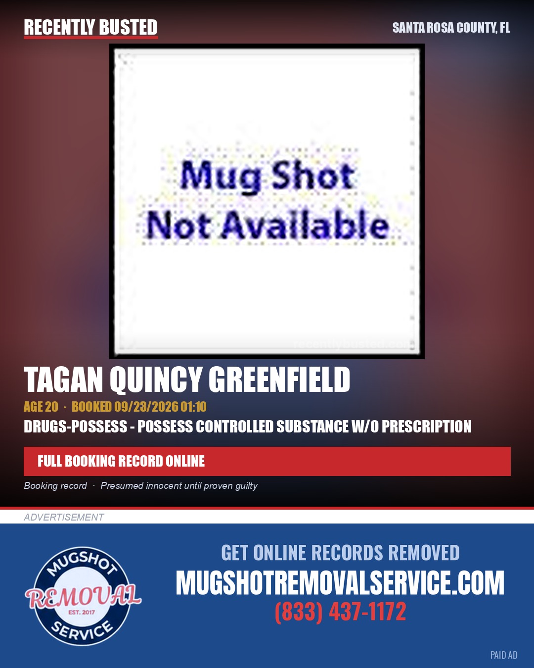 Tagan Quincy Greenfield — arrest record card, Santa Rosa County, Florida
