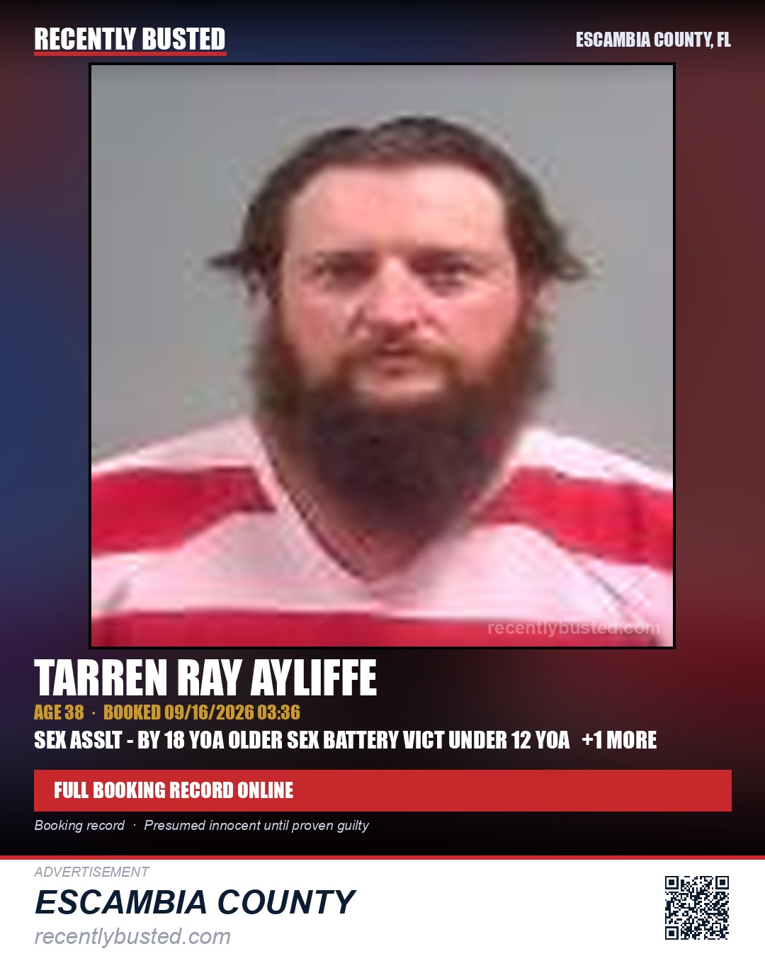 Tarren Ray Ayliffe — arrest record card, Escambia County, Florida