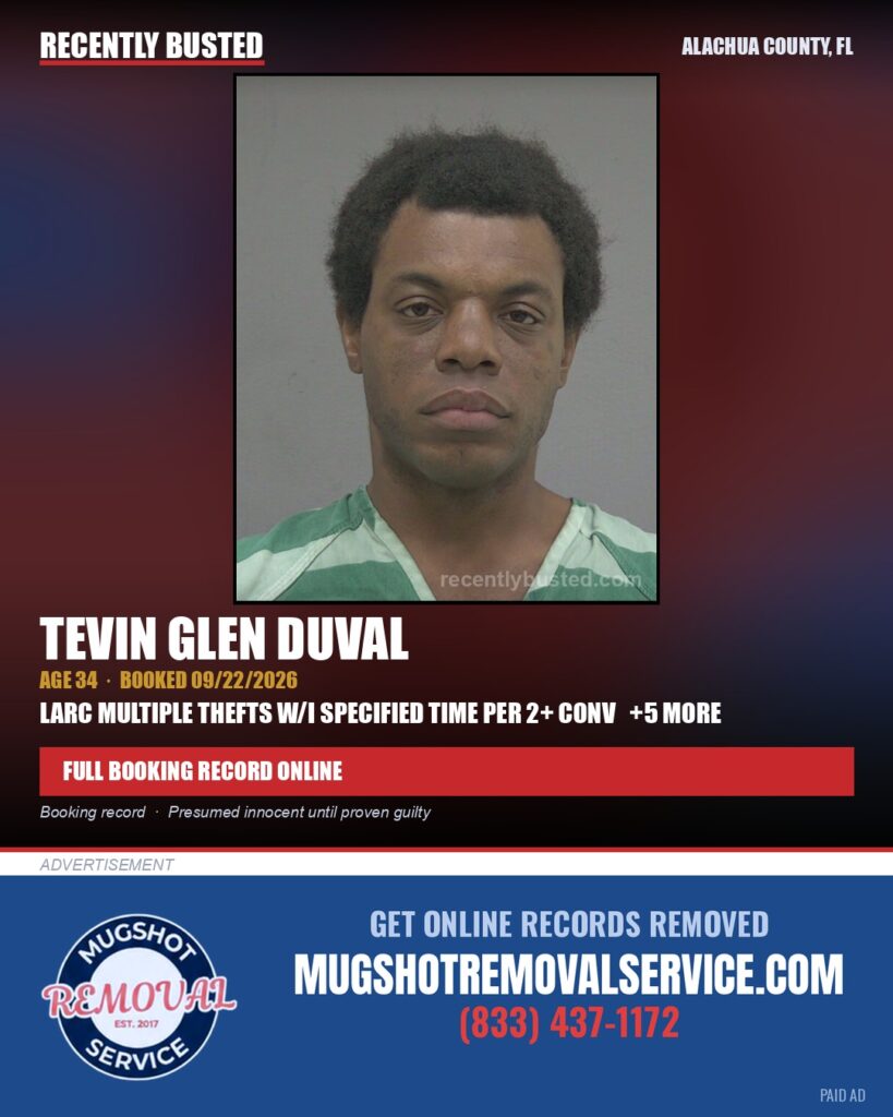 Tevin Glen Duval — arrest record card, Alachua County, Florida