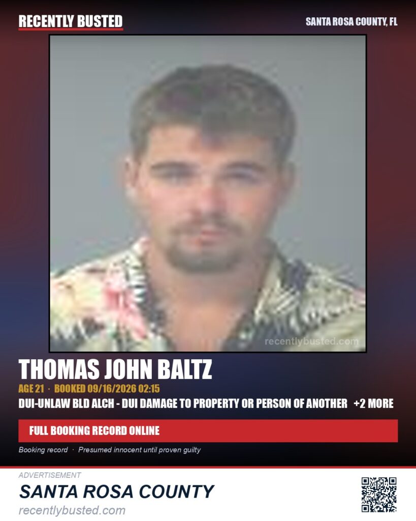 Thomas John Baltz — arrest record card, Santa Rosa County, Florida