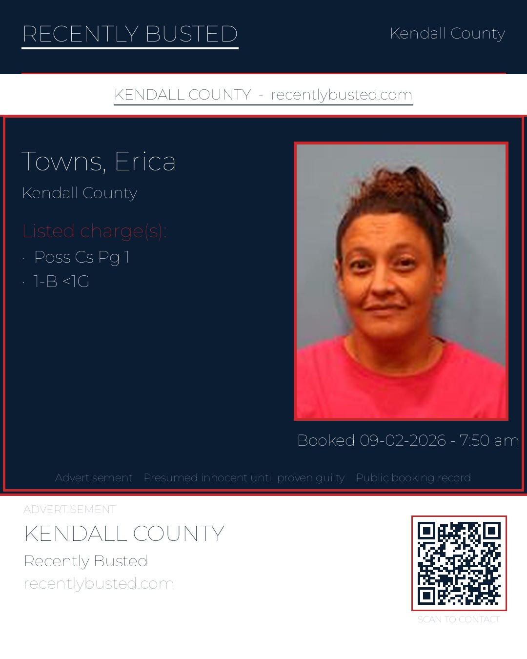 Towns, Erica — arrest record card, Kendall County, Texas