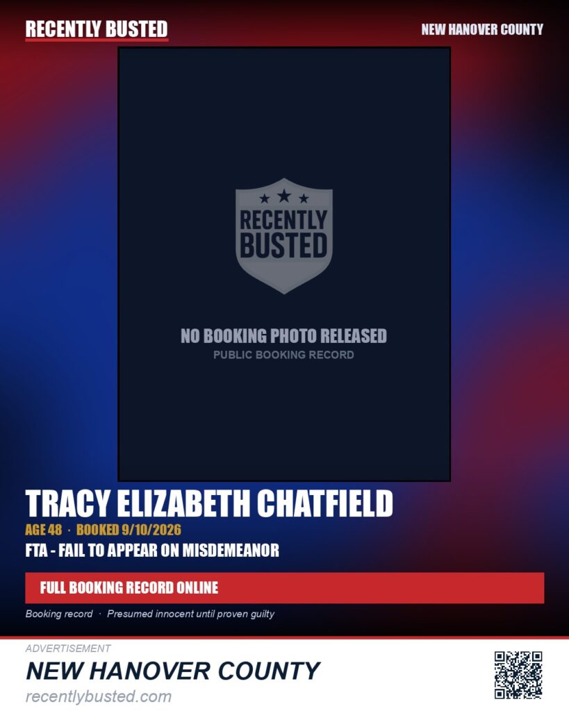 TRACY ELIZABETH CHATFIELD — arrest record card, New Hanover
