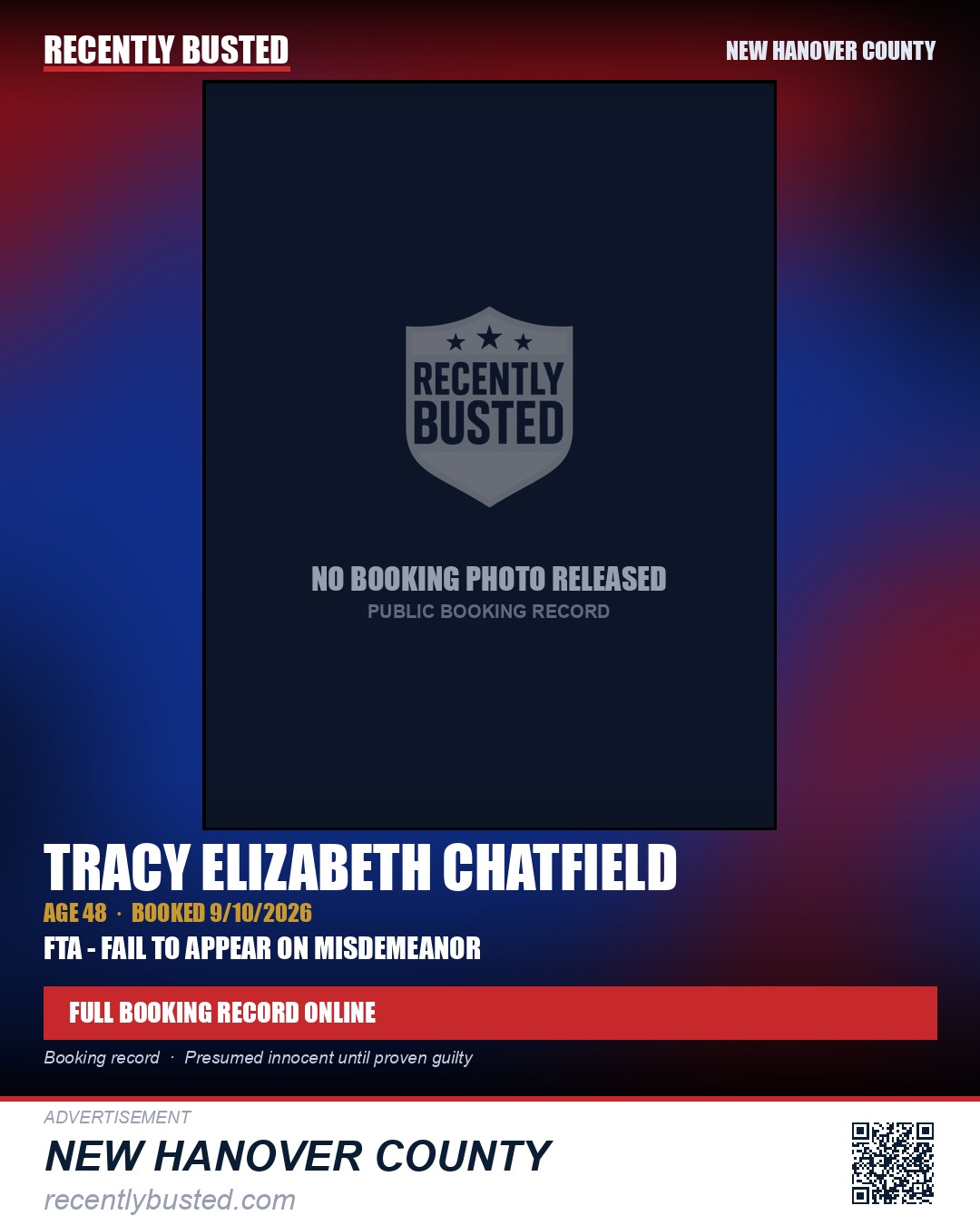 TRACY ELIZABETH CHATFIELD — arrest record card, New Hanover County