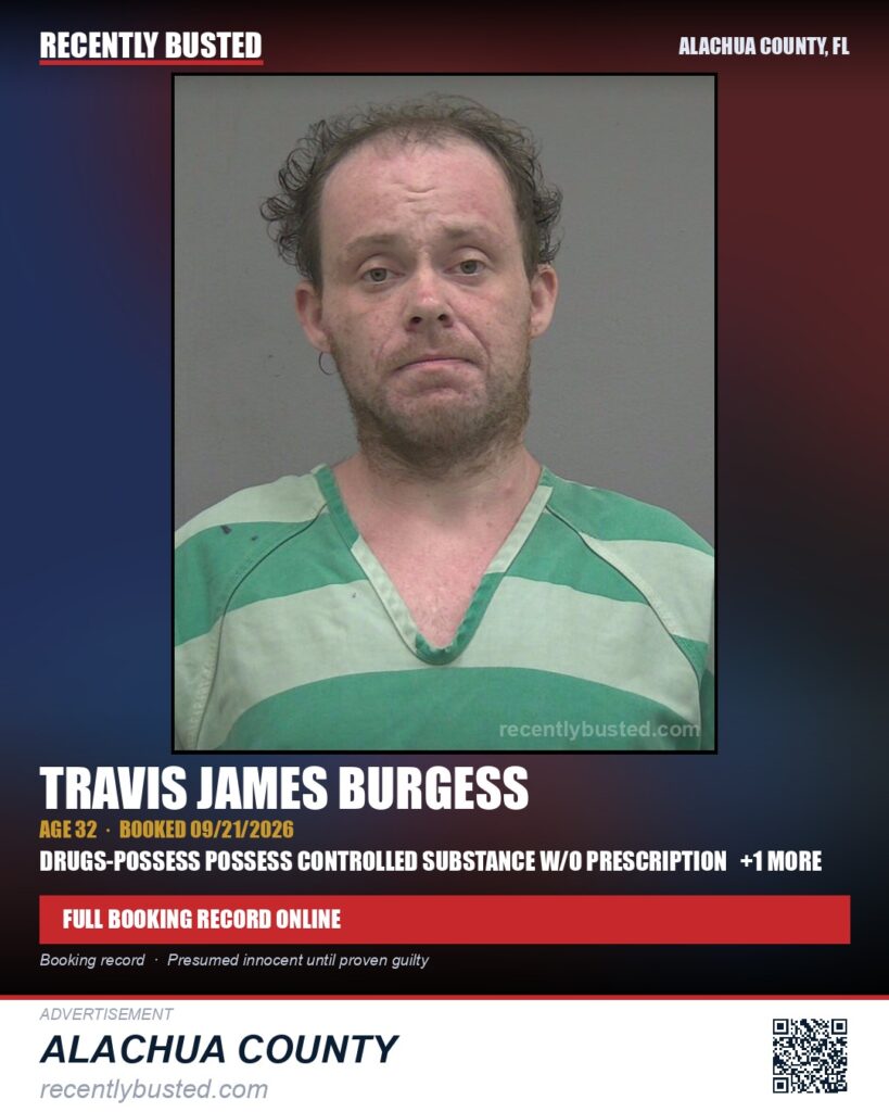 Travis James Burgess — arrest record card, Alachua County, Florida